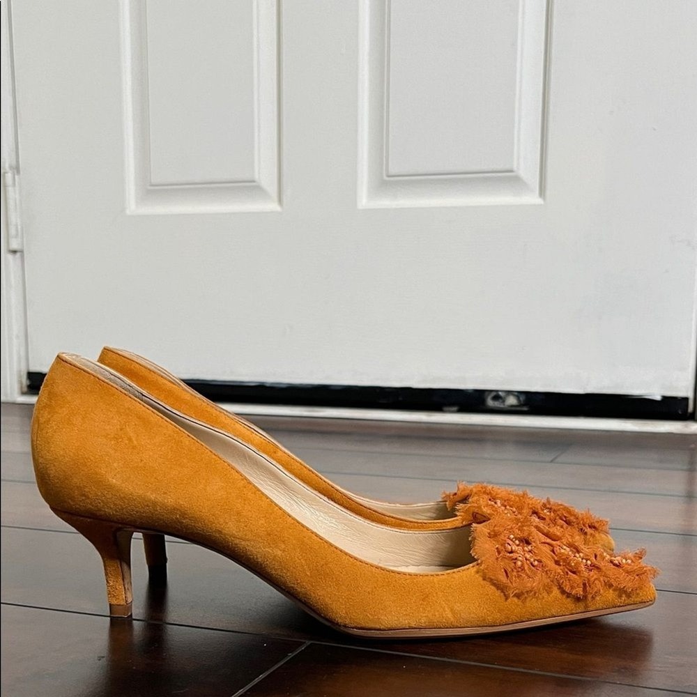 Oscar de la Renta Women's Rust Orange Suede Heels Beaded‎ size 38.5 New - Picture 2 of 10